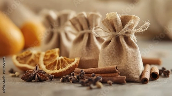 Fototapeta Small Potpourri Sachets with Dried Orange Peel, Cinnamon, and Cloves on Minimalist Surface
