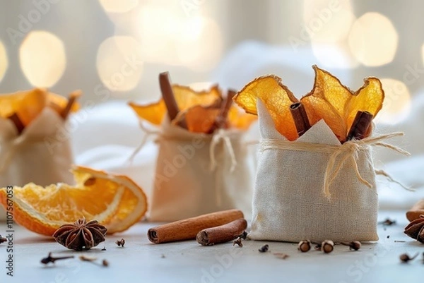 Fototapeta Small Potpourri Sachets with Dried Orange Peel, Cinnamon, and Cloves on Minimalist Surface
