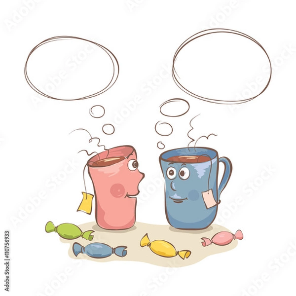 Fototapeta Talk over a cup of tea/Funny vector illustration of conversing with two cups