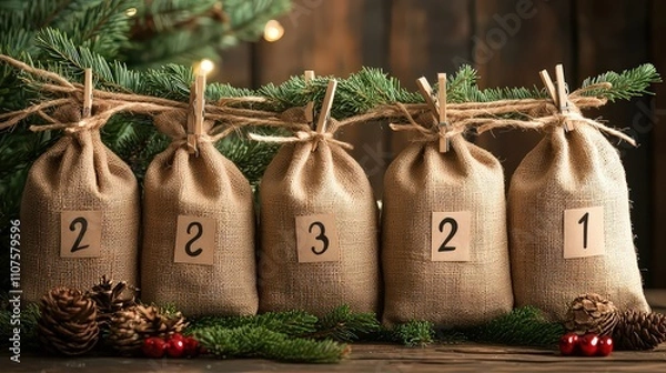 Fototapeta String of burlap bags numbered and hung on twine with clothespins, each filled with trinkets, candy, or tiny ornaments, complemented by natural, earthy aesthetic.