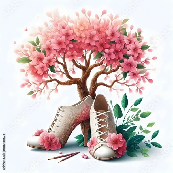 Fototapeta The image features a whimsical design of a tree intertwined with a pair of elegant high-heeled shoes. The tree is adorned with vibrant pink flowers, and its branches spread out gracefully, creating a 