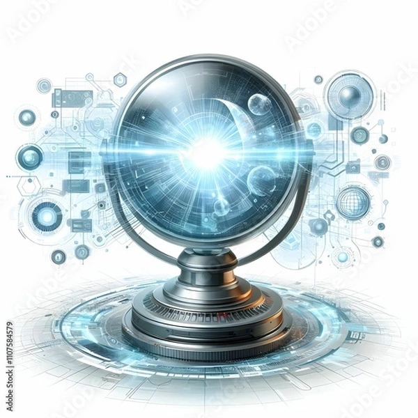 Fototapeta The image features a futuristic crystal ball mounted on a sleek metallic base. The ball itself is illuminated by a bright, radiant light at its center, emitting beams that suggest a sense of energy an
