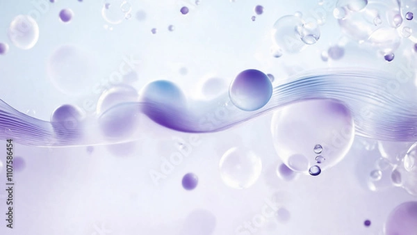 Obraz Abstract bubbles and a flowing ribbon in blue and purple hues, ideal for elegant backgrounds, branding, or wellness visuals.