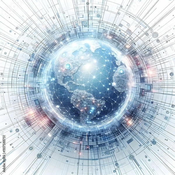 Fototapeta The image showcases a digital representation of Earth surrounded by a network of interconnected lines and nodes, evoking a futuristic and technological theme. The globe is depicted in shades of blue a
