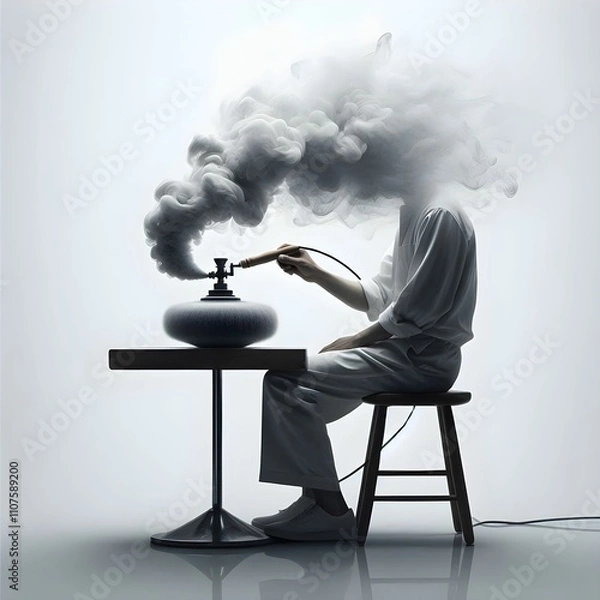 Fototapeta The image depicts a surreal scene featuring a figure seated at a simple wooden table in a minimalist setting. The person, dressed in all white, has an anomalous head formed entirely of swirling smoke,