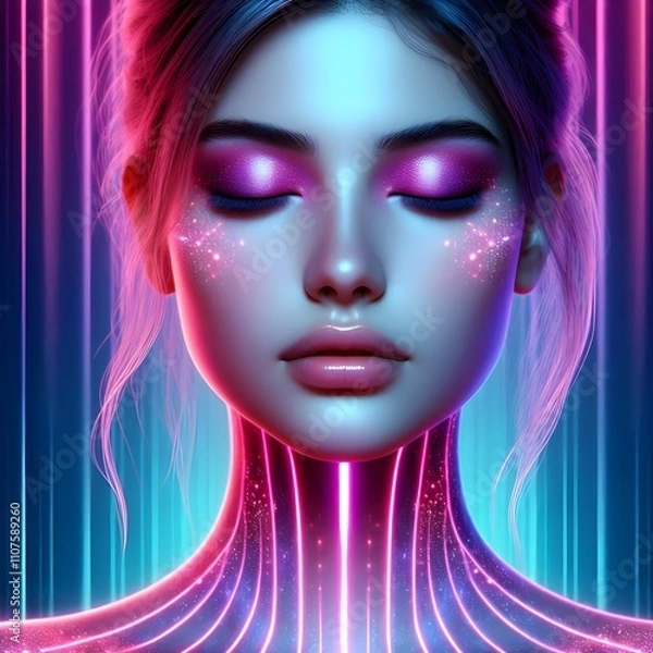 Fototapeta The image features a striking portrait of a young woman with an ethereal, futuristic aesthetic. Her eyes are closed, and her expression is serene, highlighted by vibrant makeup that includes shimmerin