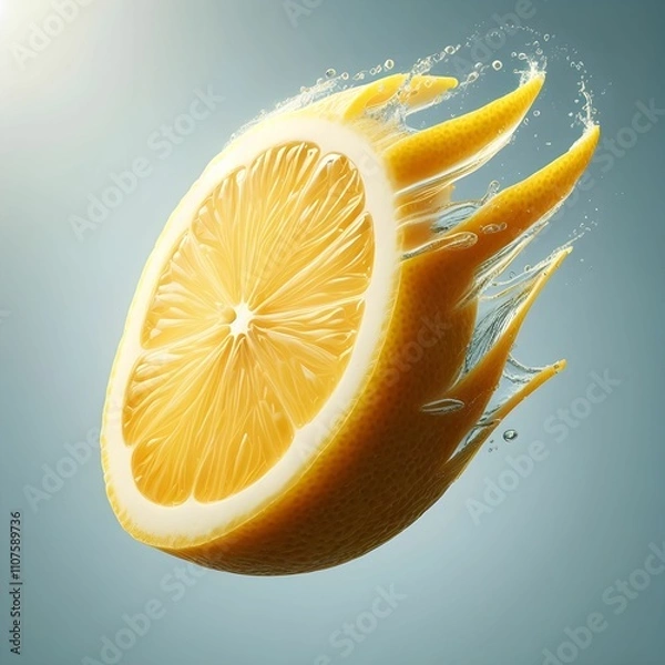 Fototapeta The image features a vibrant slice of lemon appearing to soar through the air, with a dynamic and eye-catching design. The lemon slice is bright yellow, showcasing its juicy, segmented interior. It is