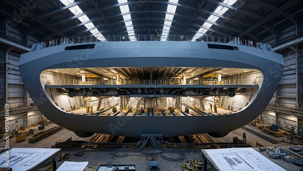 Obraz Construction of a massive ship in a large industrial facility during the day with workers on site