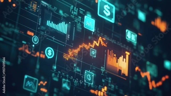 Fototapeta A digital banking interface with glowing graphs, rising financial charts, and floating currency symbols, symbolizing the secure flow of financial transactions in modern banking.