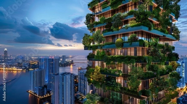 Fototapeta Glowing Oasis Bioluminescent Tower of Urban Greenery at Dusk