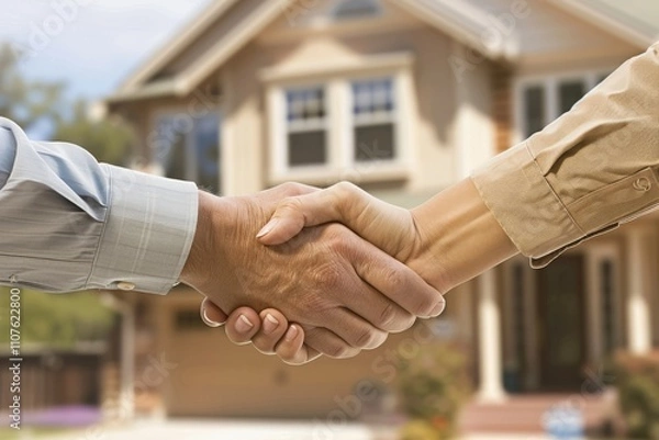 Fototapeta Couple Shaking Hands Outside a House