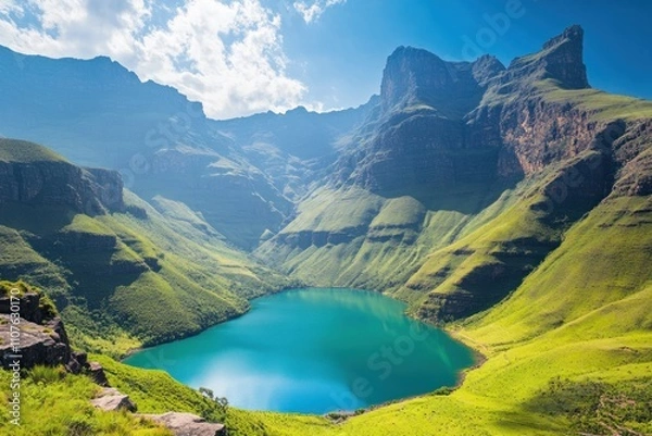Obraz A serene mountain landscape featuring a turquoise lake surrounded by lush green hills.