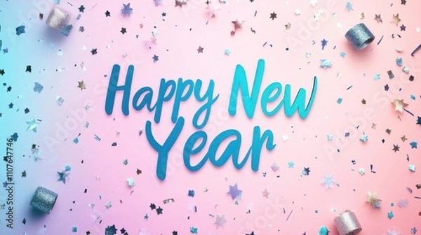 Fototapeta A festive background featuring "Happy New Year" text surrounded by colorful confetti and stars, creating a celebratory atmosphere.