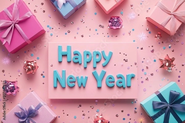Fototapeta Colorful New Year decorations featuring gifts, confetti, and a cheerful message celebrating the arrival of the New Year.