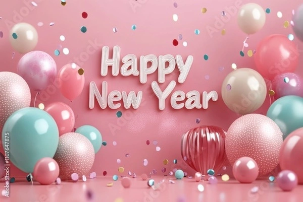 Fototapeta Festive scene with colorful balloons and confetti, celebrating the New Year in a cheerful, pink backdrop.