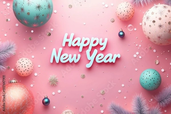 Fototapeta A festive arrangement featuring colorful ornaments and "Happy New Year" text on a pink background, celebrating the new year with joy and style.