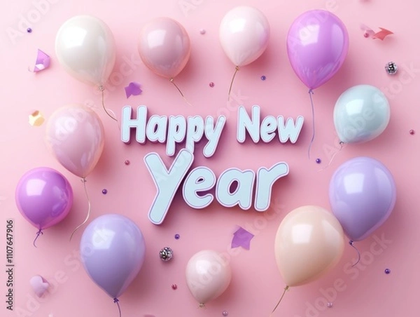 Fototapeta Colorful balloons surround a festive "Happy New Year" message on a soft pink background, celebrating the arrival of a new year.