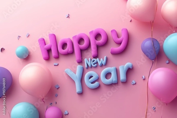 Fototapeta Colorful "Happy New Year" text with balloons against a pink background, celebrating the festive occasion.