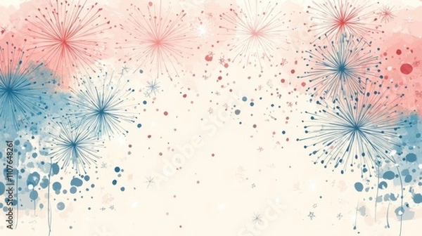 Fototapeta A vibrant, abstract background featuring colorful splashes and starburst patterns in red, blue, and cream tones, perfect for celebrations or artistic projects.