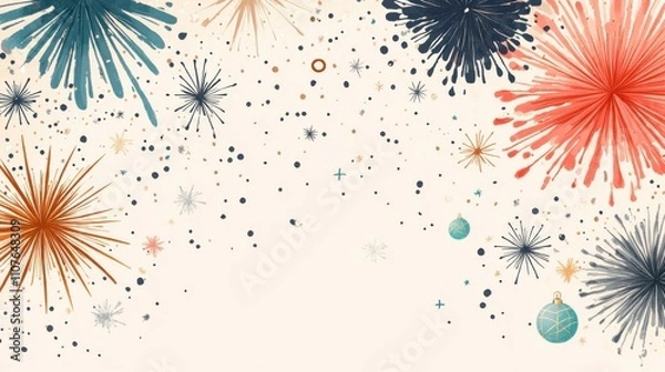 Fototapeta A vibrant illustration of colorful fireworks and stars against a light background, evoking a festive and celebratory atmosphere.