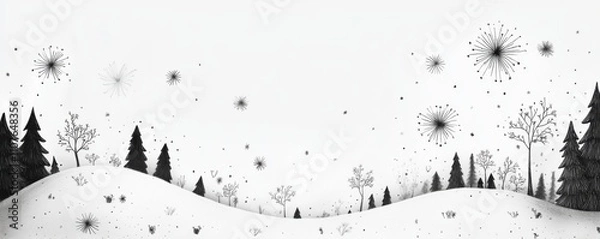 Fototapeta A serene winter landscape featuring snow-covered hills, silhouette trees, and a gentle snowfall creating a peaceful, monochromatic scene.