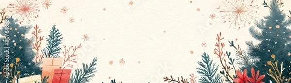 Fototapeta A festive illustration featuring decorated trees, presents, and a snowy background, perfect for holiday greetings and celebrations.