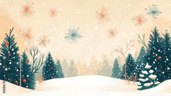 Fototapeta A serene winter landscape featuring snow-covered trees and falling snowflakes, creating a peaceful and festive atmosphere.