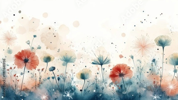 Fototapeta A serene watercolor illustration of colorful flowers in soft hues, creating a tranquil and artistic floral landscape.