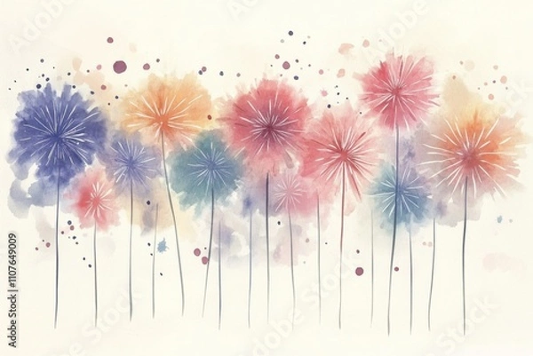 Fototapeta A vibrant watercolor painting of colorful abstract flowers, radiating joy and creativity with splashes of color against a light background.