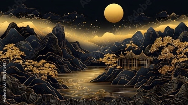 Fototapeta Traditional Chinese landscape painting with black gold theme