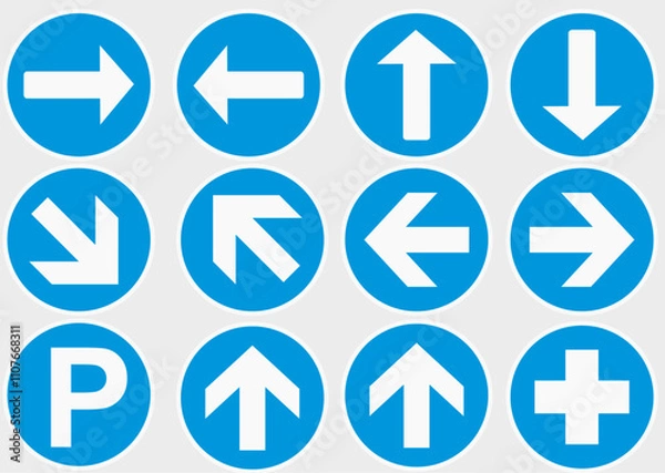 Obraz vector of traffic sign symbols. turn right, turn left, parking, hospital, right and left diagonal, keep going