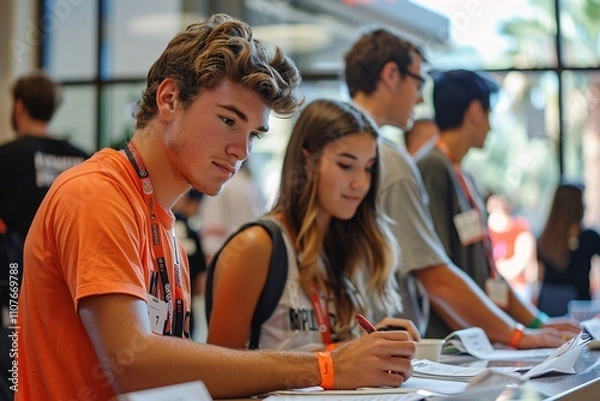 Fototapeta A group of young students focuses on registration details at a lively educational event. The atmosphere is vibrant as they interact and fill out forms together
