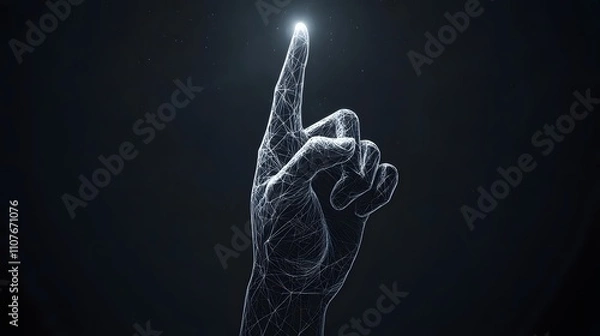 Fototapeta A white hand pointing upwards, against a dark background, with glowing lines in the style of intricate black and grey illustrations, luminous shadows