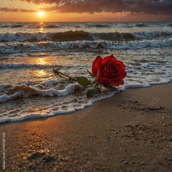 Fototapeta A red rose lying on the sandy shore, with waves gently touching its stem under a dramatic sunset.

