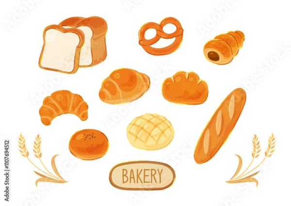 Fototapeta 手描きパンのイラストセット