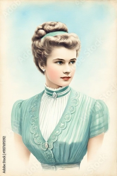 Obraz Cabinet portrait of an elegant young woman. Old postcard style. Illustration by Generative AI.