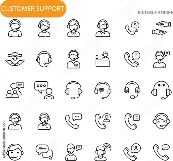 Fototapeta Customer Support Icons Help, Service, Assistance, Call Center, Hotline, Headset, Chat, Communication