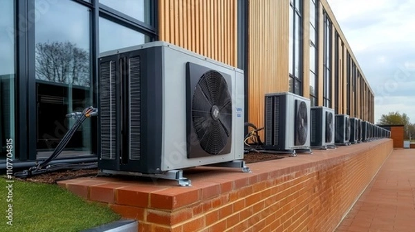 Fototapeta Air Source Heat Pump Installation on School Building Wall, Energy-Efficient HVAC System, Modern Technology in UK School
