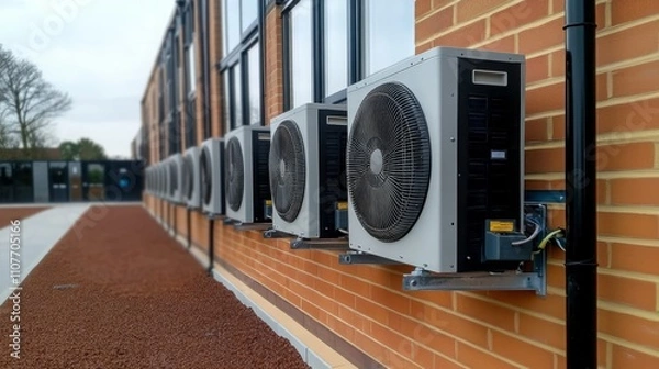 Fototapeta Air Source Heat Pump Installation on School Building Wall, Energy-Efficient HVAC System, Modern Technology in UK School