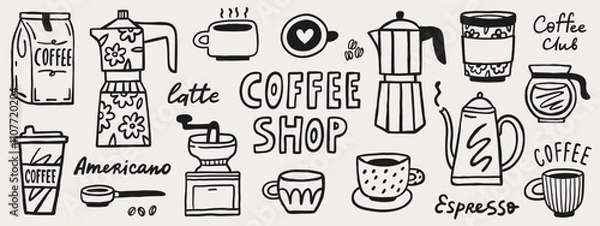 Obraz Coffee shop doodle graphic elements. Hand drawn vector set. Cafe menu design vector elements.