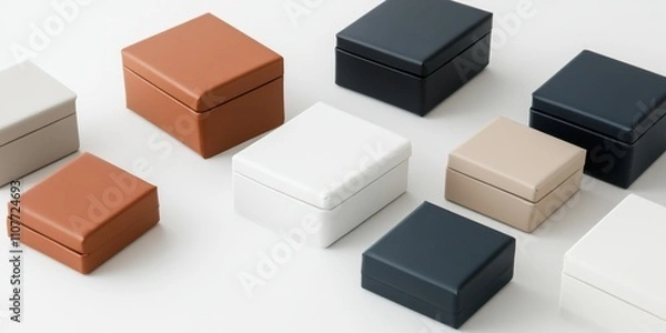 Fototapeta A collection of jewelry boxes in an array of soft hues arranged artistically on a minimalist white surface, suggesting elegance and sophistication.