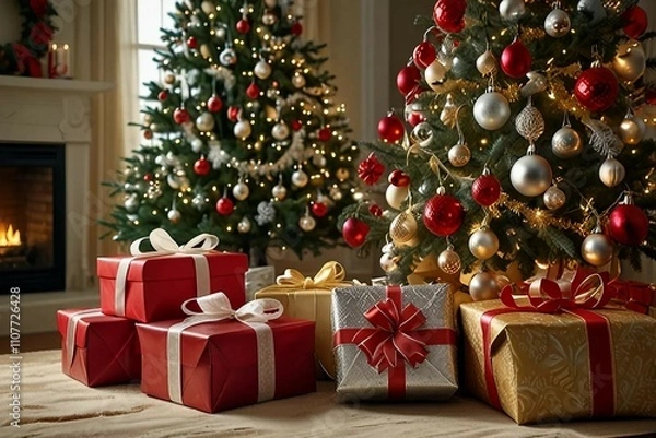 Fototapeta A festive scene of elegantly wrapped presents nestled beneath a sparkling Christmas tree