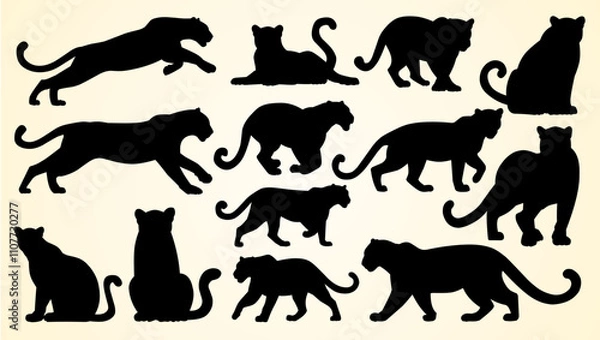 Obraz Silhouettes of big cats in various poses, including walking, running, and sitting.