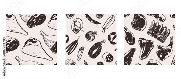 Obraz Meat silhouette drawings, seamless pattern design set of three