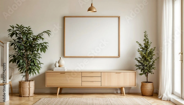 Fototapeta Modern and Minimalist Interior Design Featuring a Wooden Sideboard, Empty Picture Frame, and Potted Plants