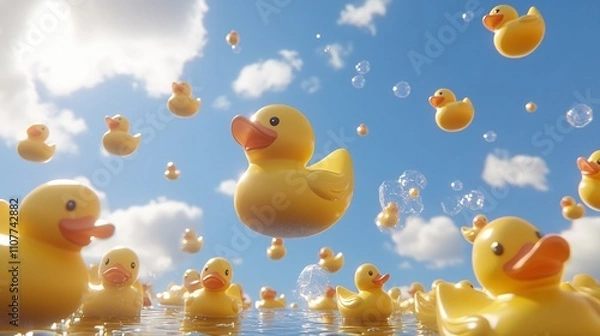 Obraz Rubber ducks floating and flying in a cloudy sky with soap bubbles