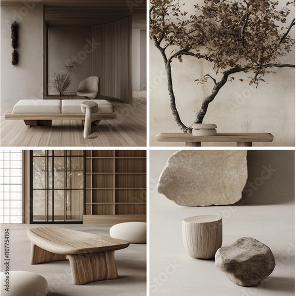 Fototapeta moodboard with minimal aesthetic natural wood surface and comfortable furnitures, japanese library