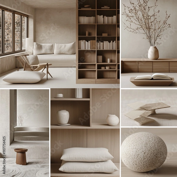 Fototapeta moodboard with minimal aesthetic natural wood surface and comfortable furnitures, japanese library