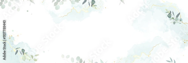 Obraz Herbal eucalyptus and gold vector banner frame. Hand painted branches, leaves on white background. Greenery wedding simple minimalist invitation. Watercolor card.All elements are isolated and editable