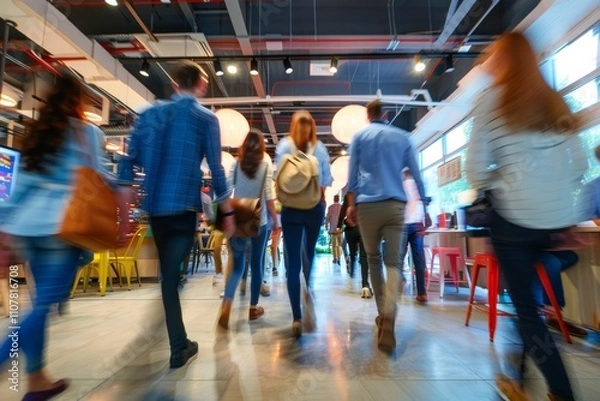Fototapeta Group of office employees walking through a coworking space, with motion blur in a modern setting